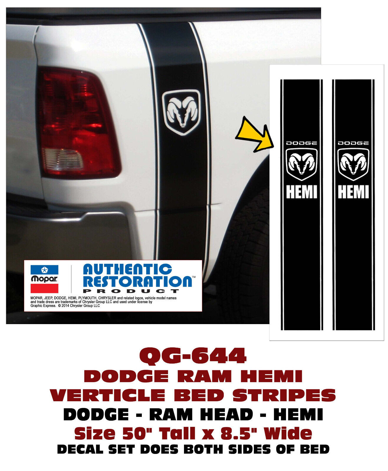 QG-644 DODGE RAM HEMI VERTICAL BED STRIPE – DODGE-RAM HEAD-HEMI – LICENSED