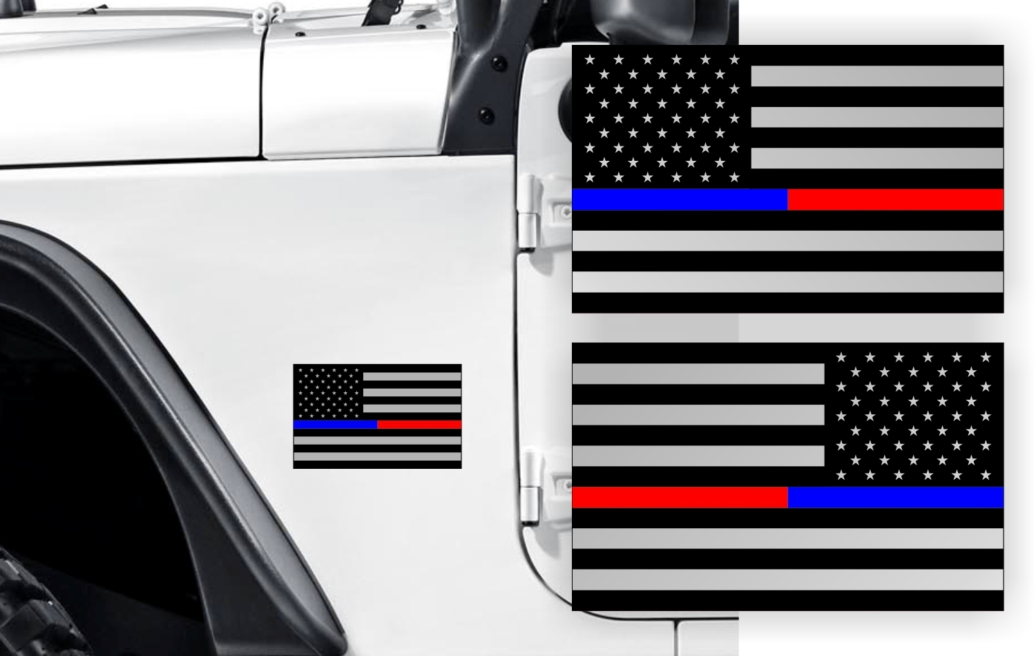 BLUE – RED LINE AMERICAN FLAGS Fender Police Firefighter Stickers Fits: JK TJ SJ
