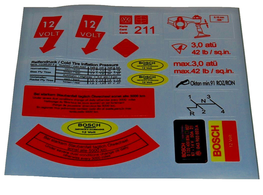 Sticker set 17 piece fits Volkswagen Type1 Bug 56-79 Type2 60-79 Bus Ghia 56-74