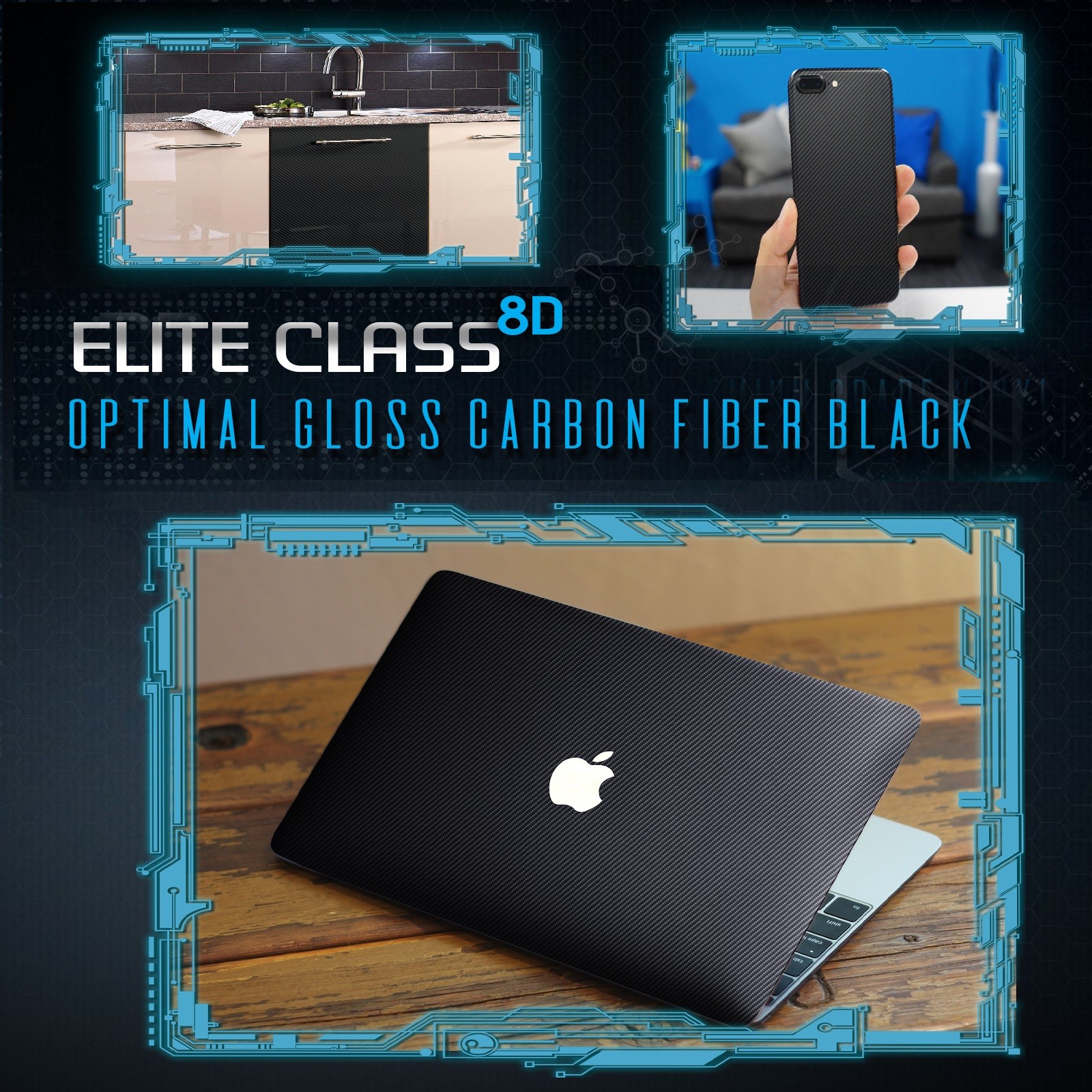 8D Gloss Black Carbon Fiber Big Pattern Vinyl Wrap Bubble Free Air 60″ x 84″ In