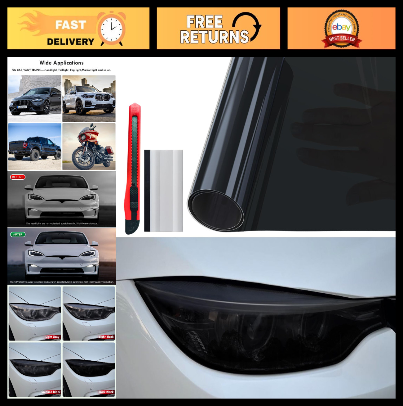 12″ x 7ft Dark Black Headlight Taillight Tint Film – Self-Adhesive Car Light Cov