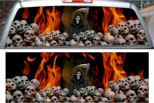 Orange flame grim reaper skulls rear window view thru graphic decal wrap