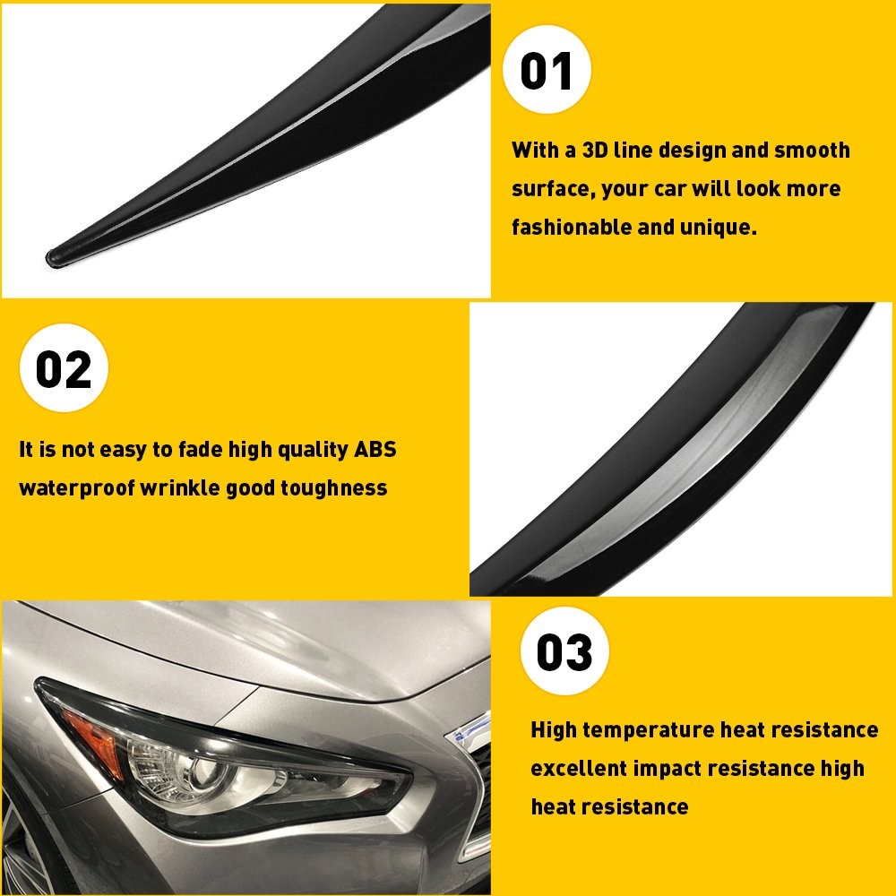 For Infiniti Q50 2014-23 Gloss Black Headlight Cover Eyelid Eyebrow Eye Lid 2-20