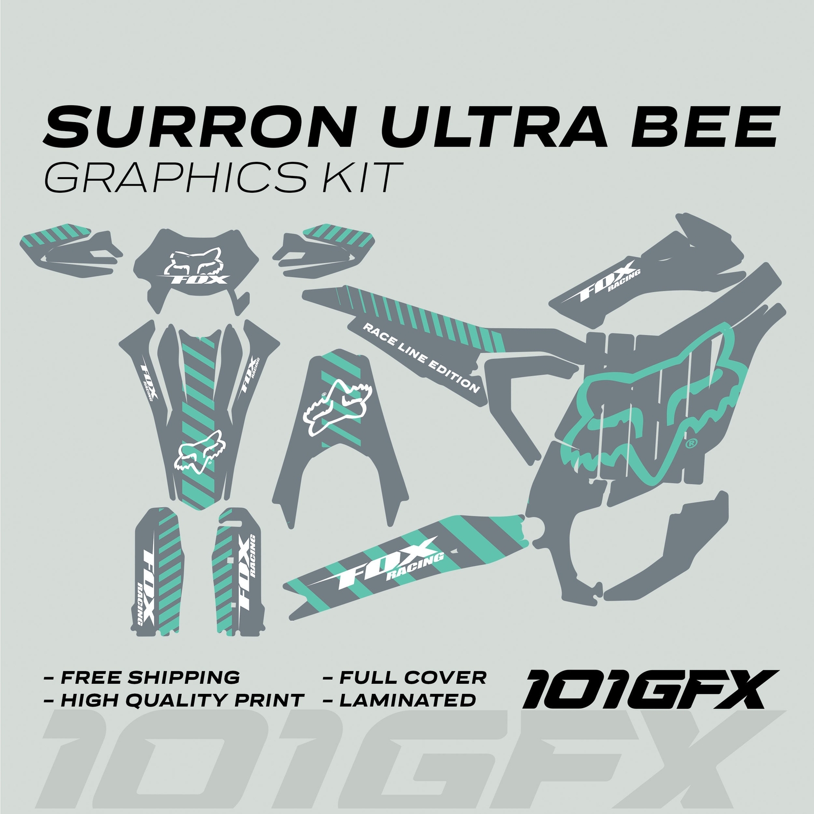 Surron Ultra Bee Graphics Kit FOX RACE LINE Grey Mint Decals Stickers Laminated