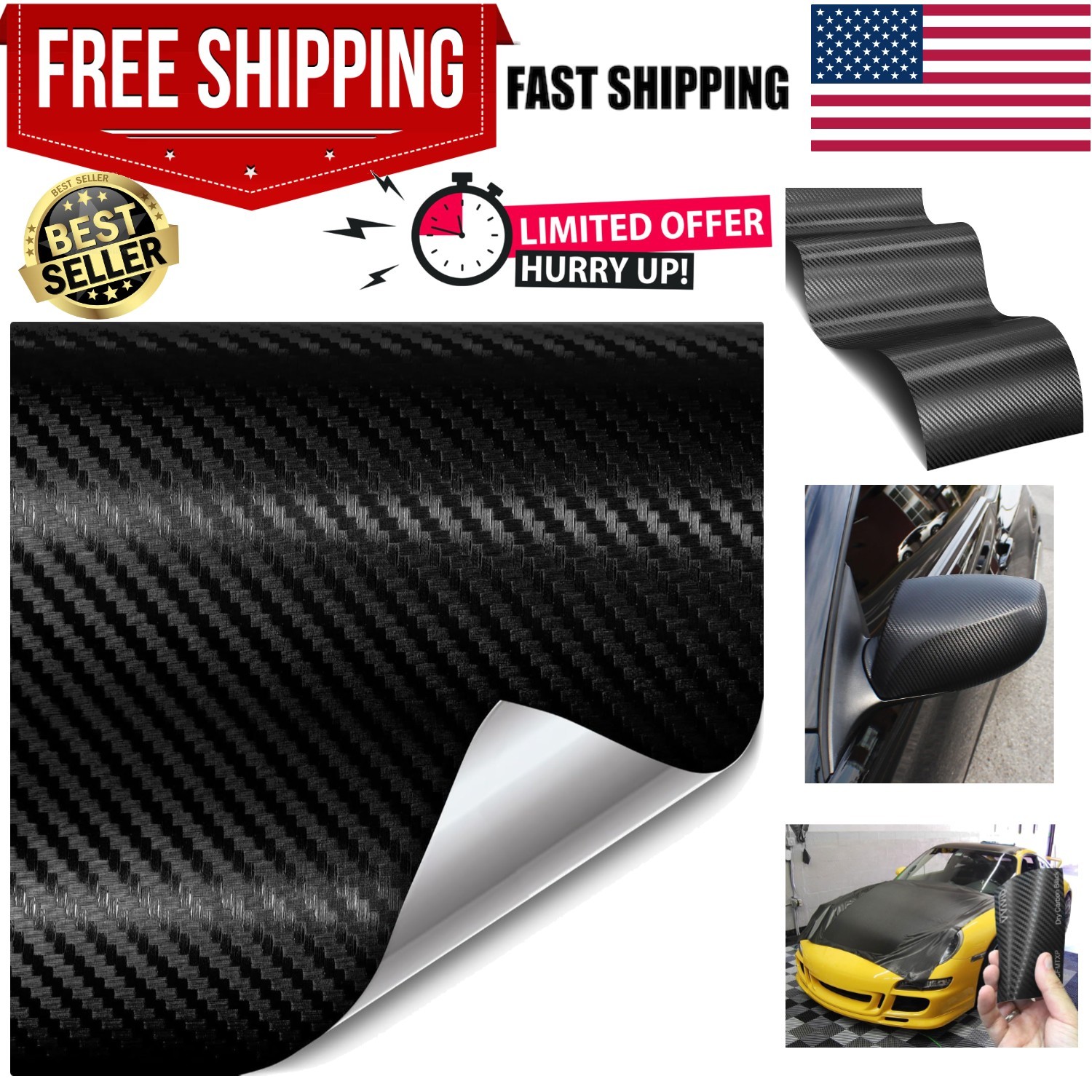 Durable 6ft x 5ft Black Carbon Fiber Vinyl Roll Featuring Air Release Technology