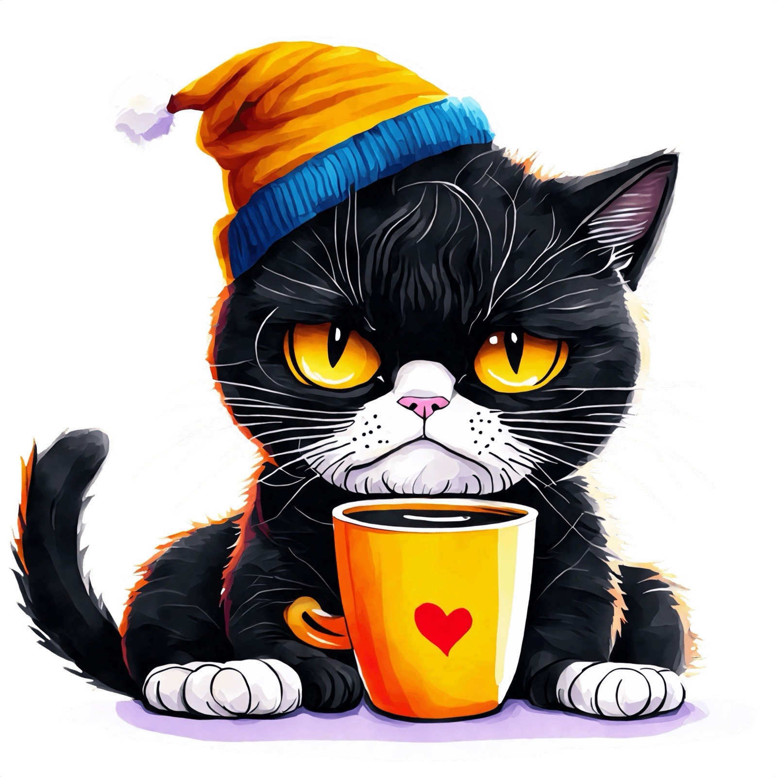 Animal Sticker (3 Inch) Grumpy Black And White Cat Wearing A Hat Coffee Cup !