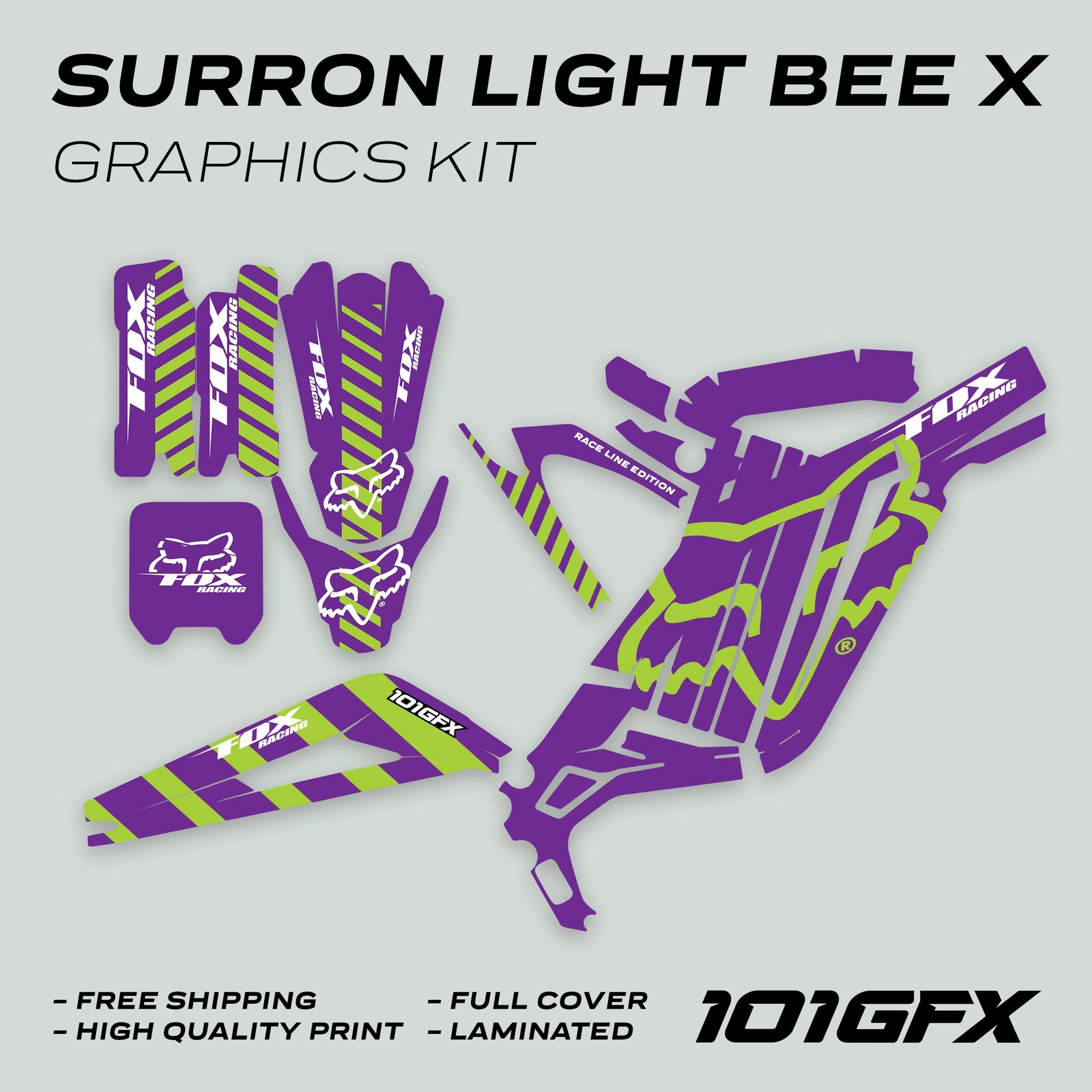 Surron Light Bee X Graphics Kit FOX RACE LINE Purple Green Decals Stickers