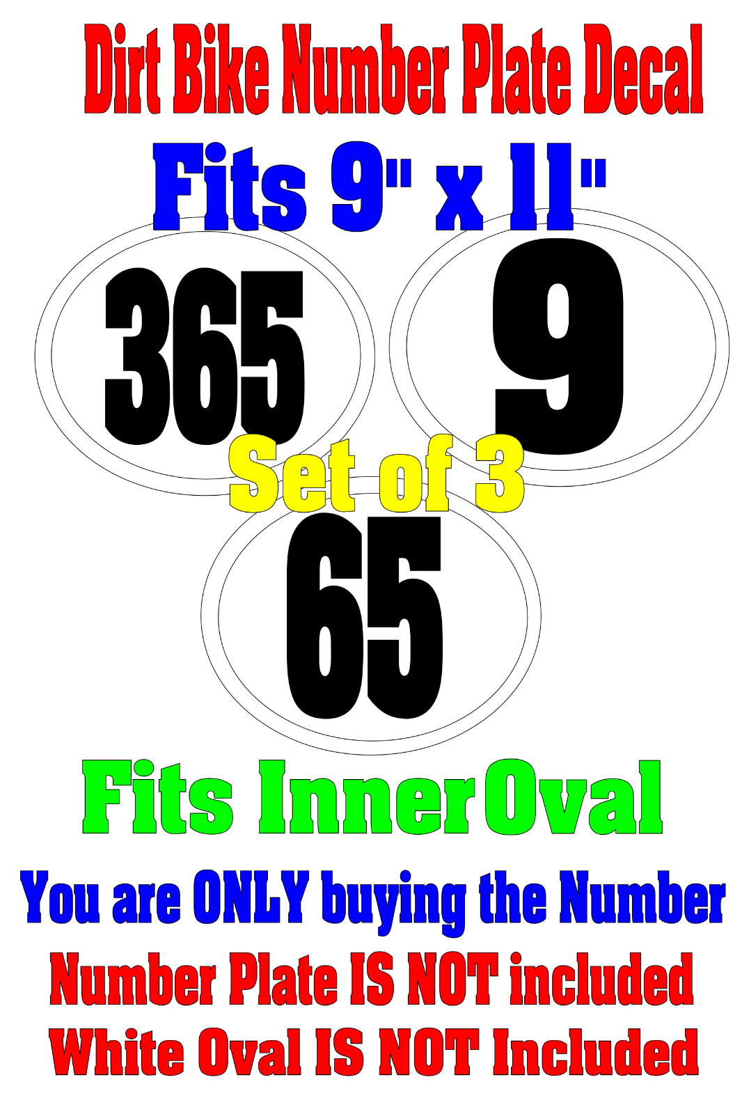 Set of 3 Dirt Bike Number Plate Decals Fits 9×11 Oval Plates