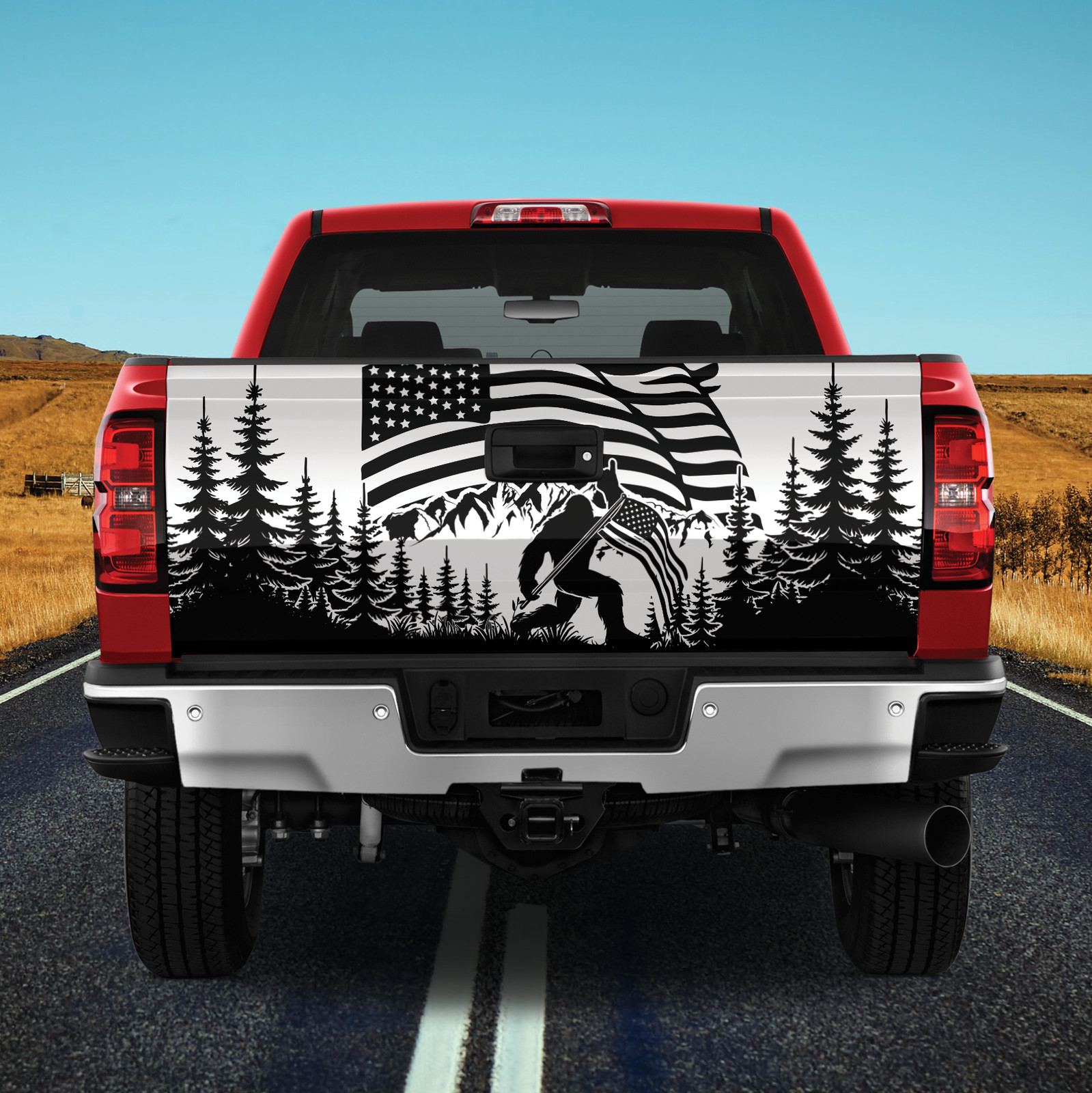 America Flag Bigfoot Mountain Truck Tailgate Wrap, Bigfoot Tailgate Decal