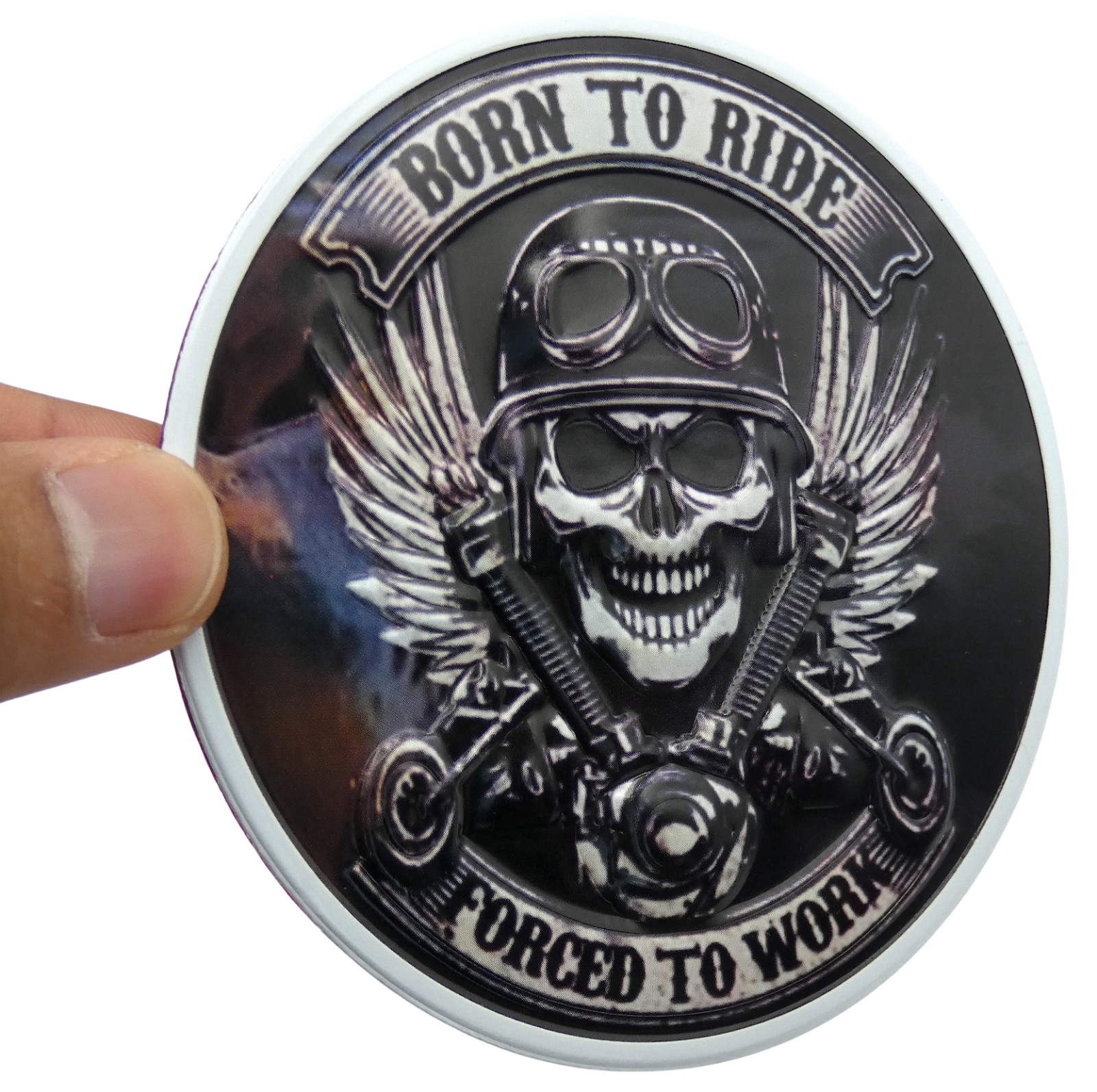 ALUMINUM Born To Ride Decal Sticker – Motorcycle Gas Tank Emblem 3.5″