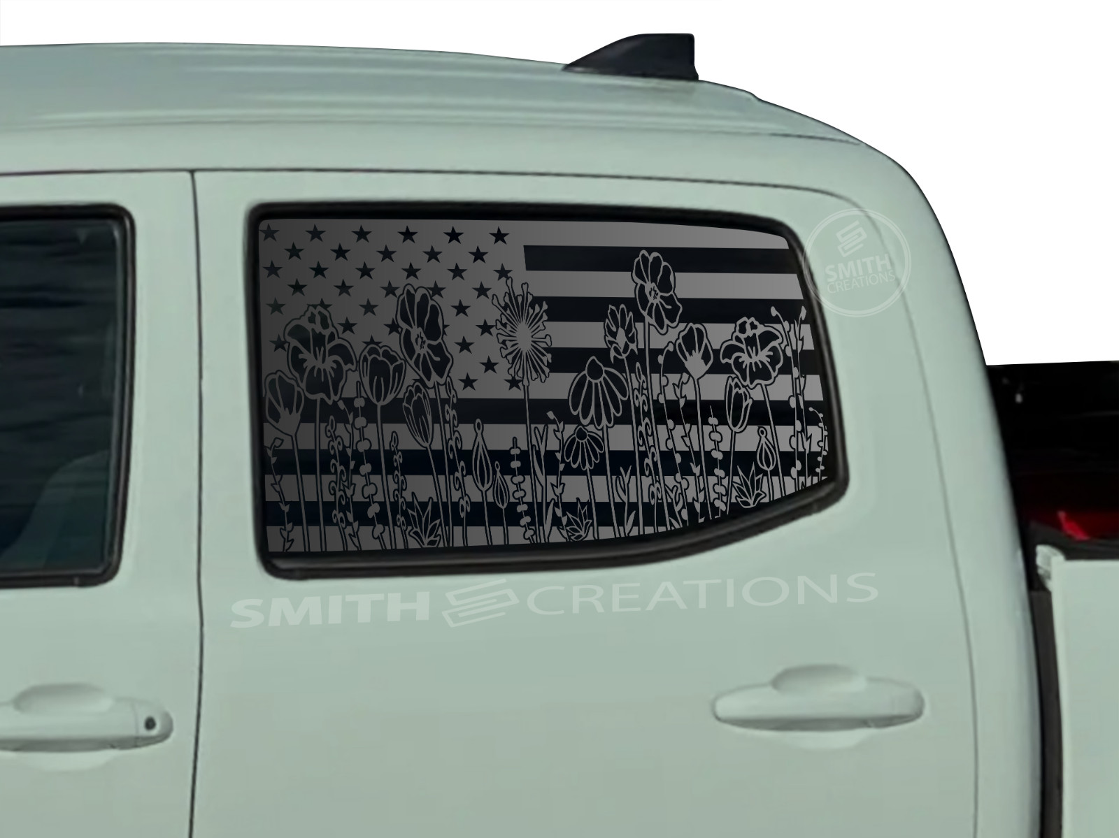 Fits 2016-23 Toyota Tacoma Standard American Flag Flowers Decal BLACK VINYL