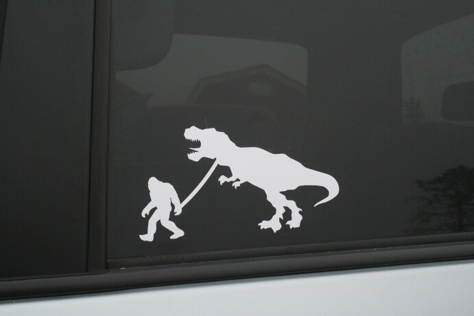 Bigfoot walking his pet T-Rex die-cut sticker, Buy 2 get 1 FREE offer!