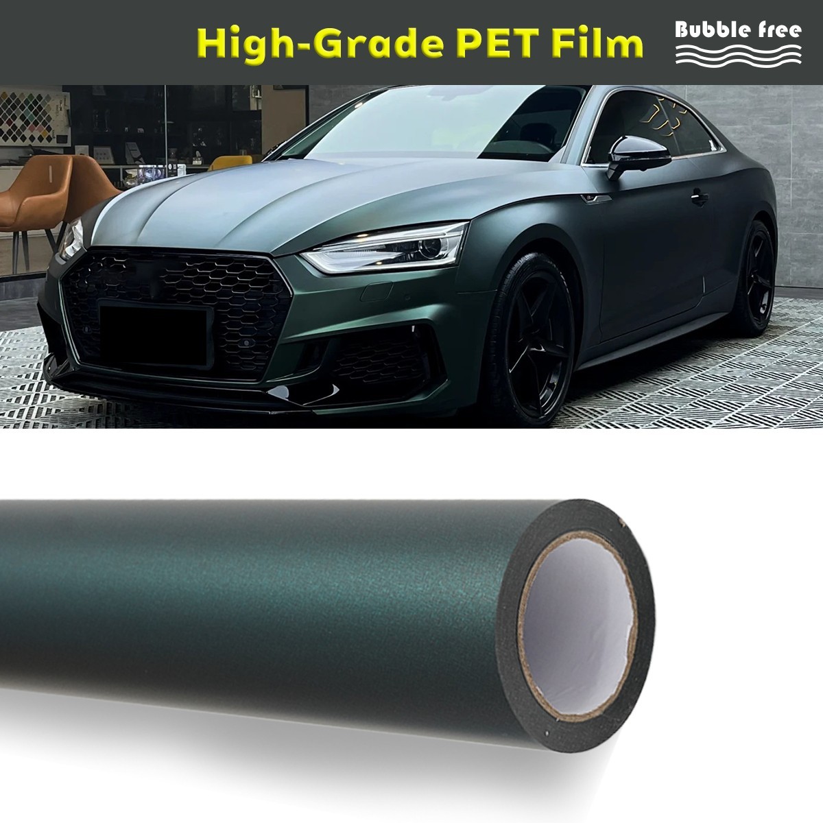 5FTx50FT PET Matte Super Dark Green Self-Adhesive Air Release Vinyl Wrap