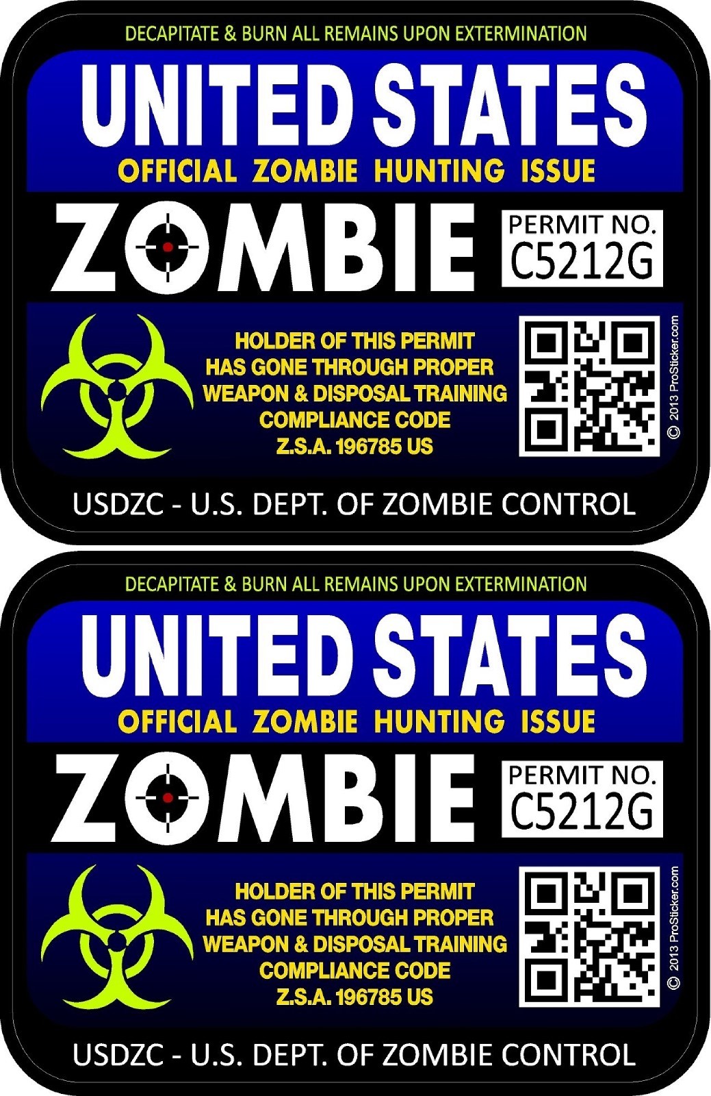Two United States Zombie Blue Purple Hunting License Permits 3″x4″ Decal 1202