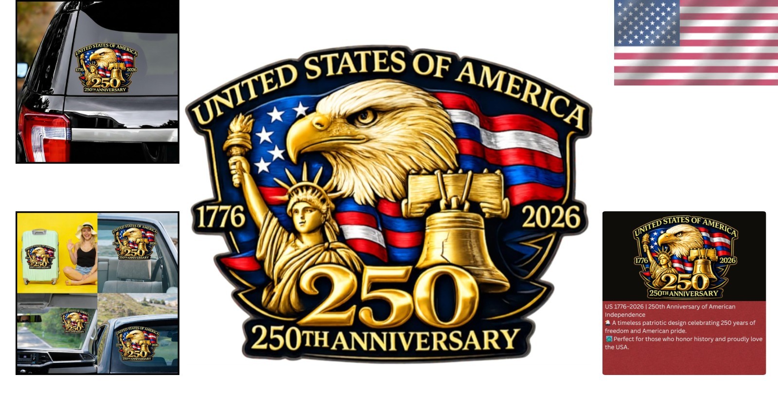 Gold American Eagle Car Decal 250th Anniversary Patriotic Window Sticker Set