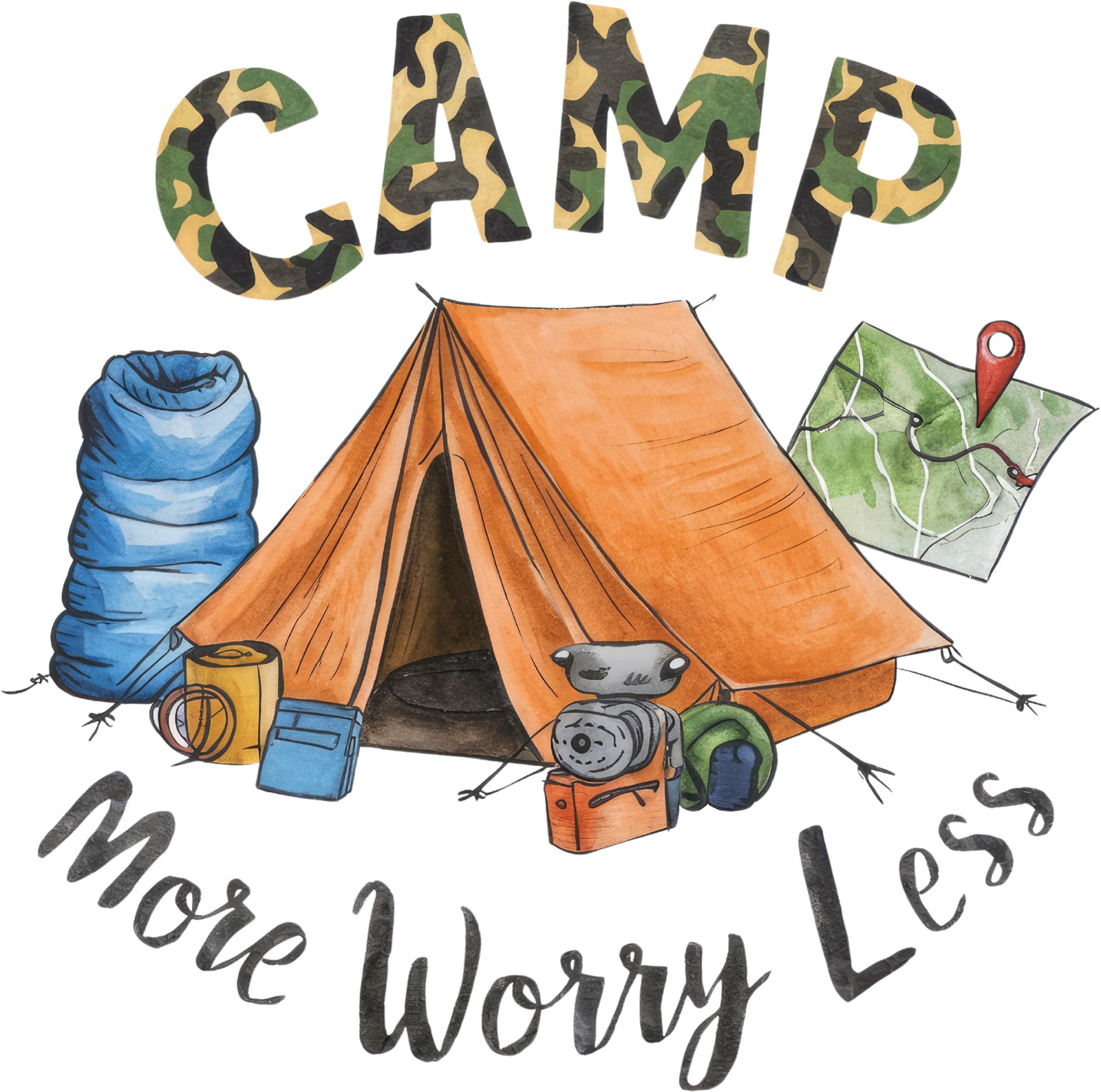 Camping Sticker 4″ Camp More Worry Less Fire Tent Outdoors Compass Hiking