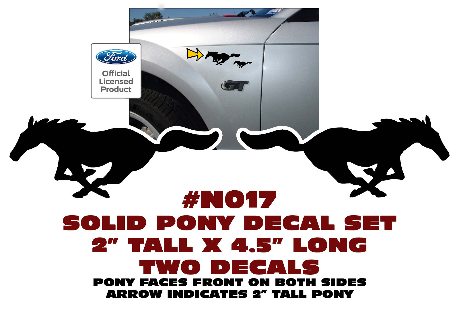 N017 FORD MUSTANG – 2″ TALL SOLID PONY DECAL SET – RUNS FORWARD ON BOTH SIDES