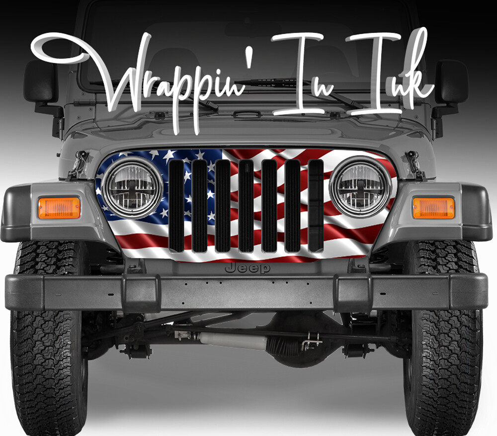 Grill Wrap American Flag Waving Red White Blue for Jeep Wrangler 1997-2006