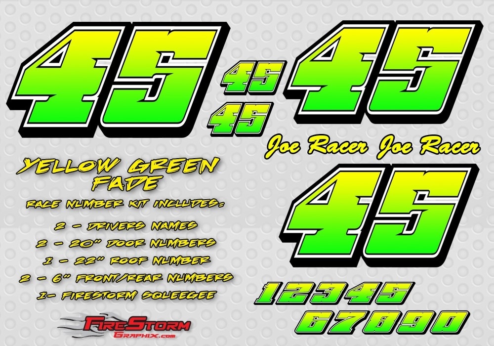 Race Car Numbers Yellow Fade Vinyl Decals Package Kit Late Model, Modified