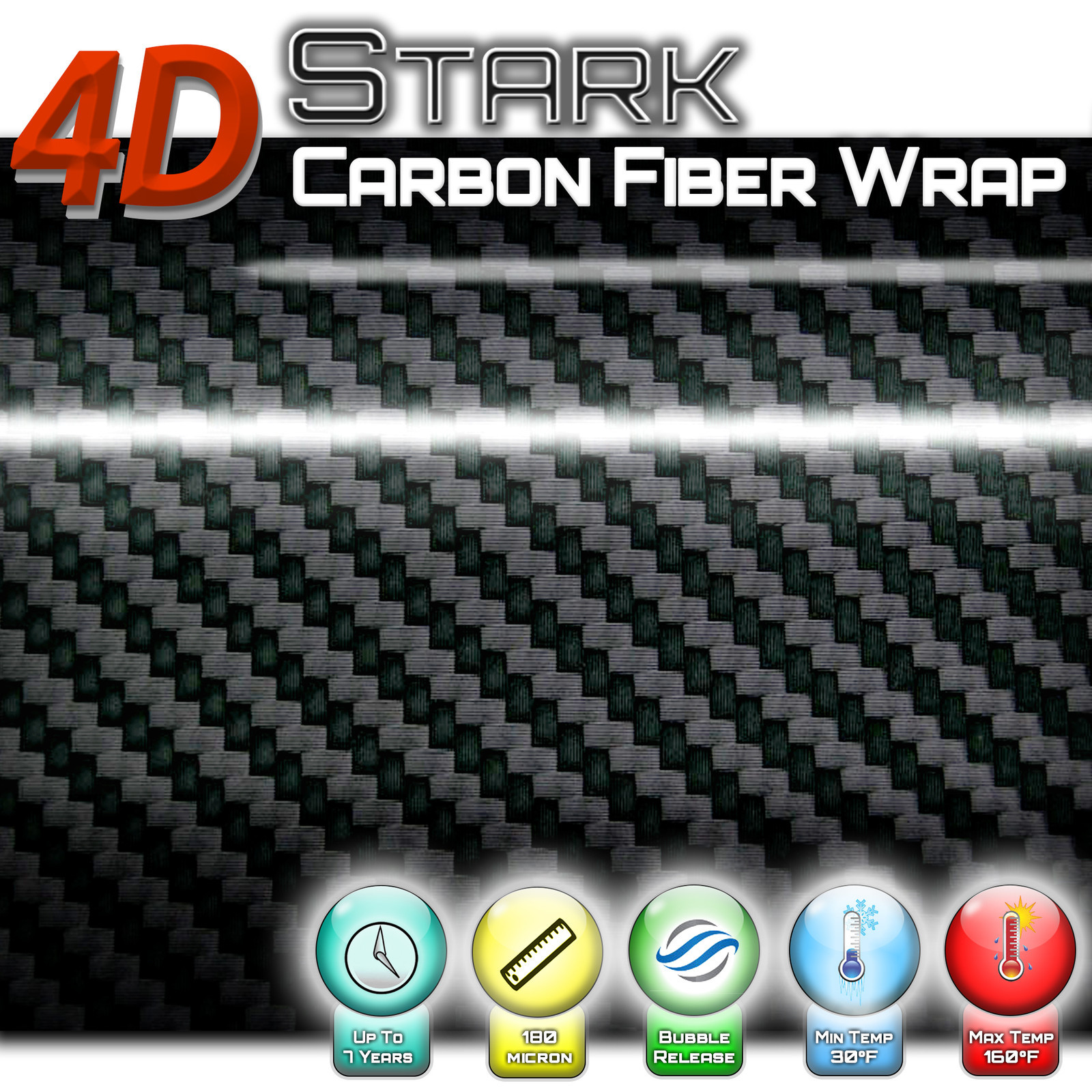 4D Premium Black Carbon Fiber Vinyl Wrap Roll Sticker Bubble Free Air Release