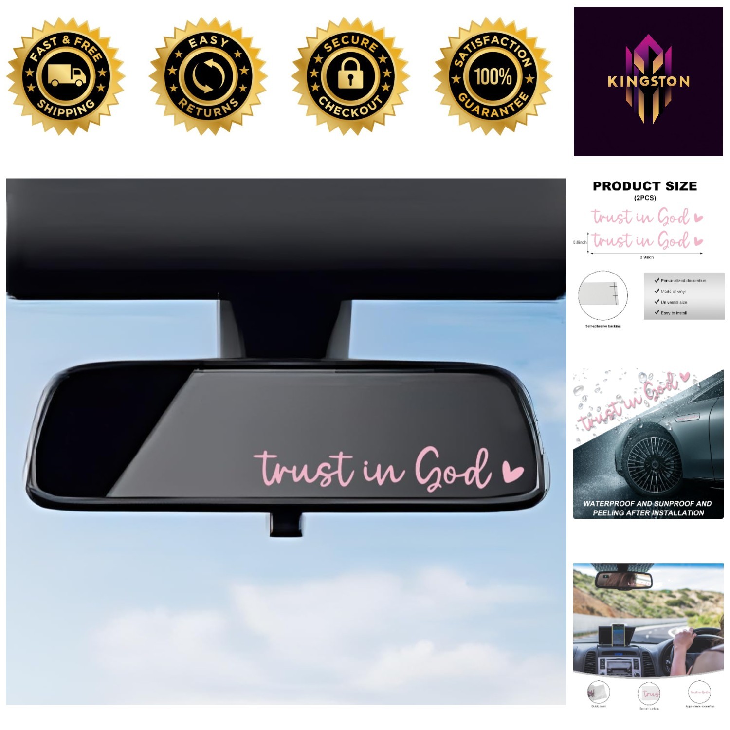 Modern Pink Vinyl Car Stickers – 2 PCS Inspirational Trust in God Designs