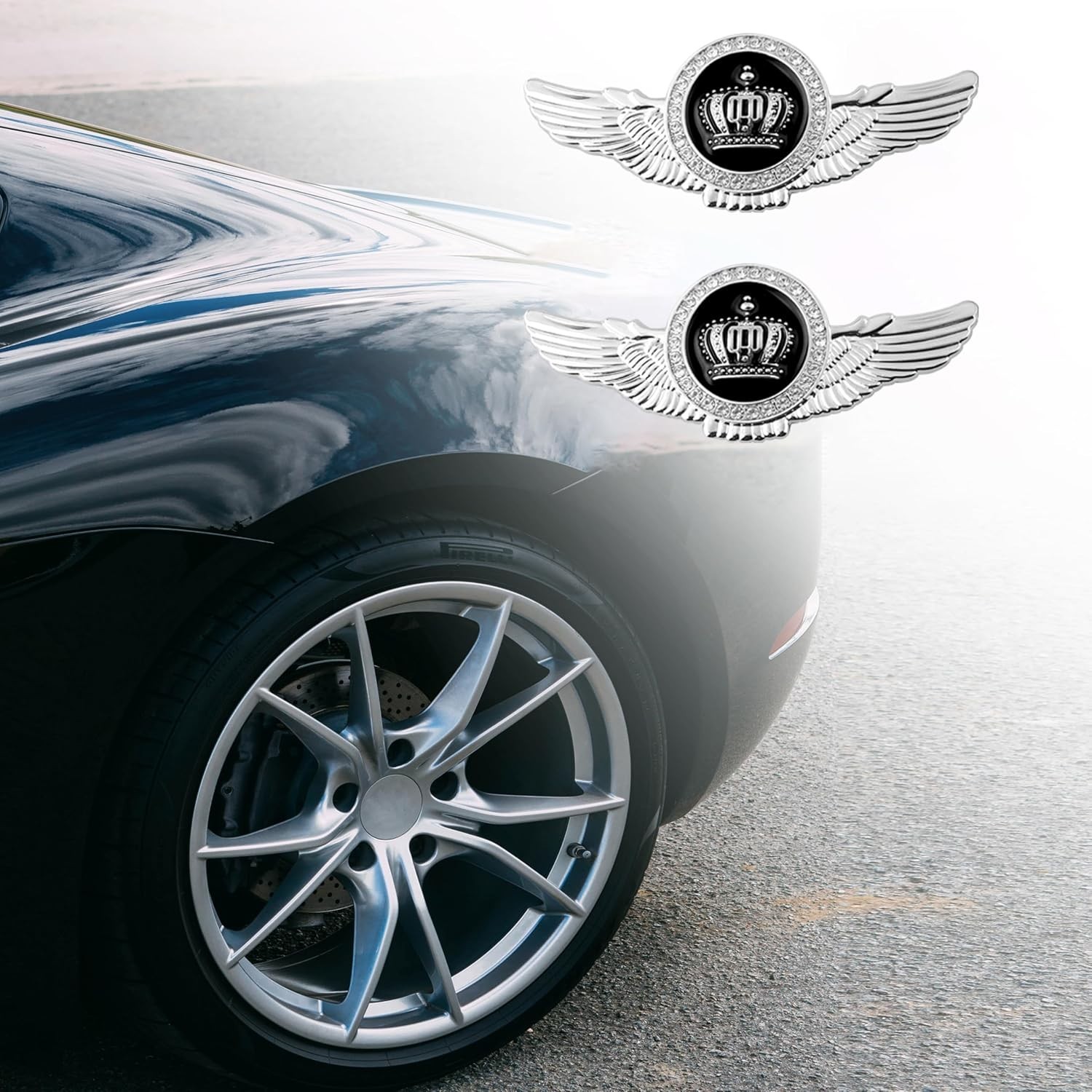 2PCS Wing Circular Crown Emblems Crystal Diamond Car Stickers Silver Black USNew