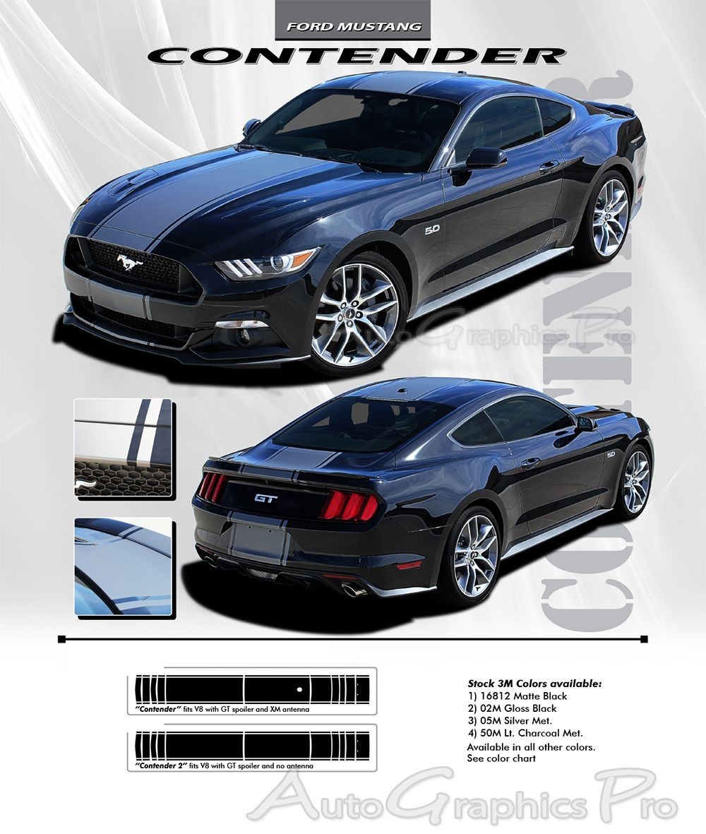 2015-2017 Ford Mustang V8 V6 CONTENDER Center Hood Rally Stripes Decals 3M Vinyl