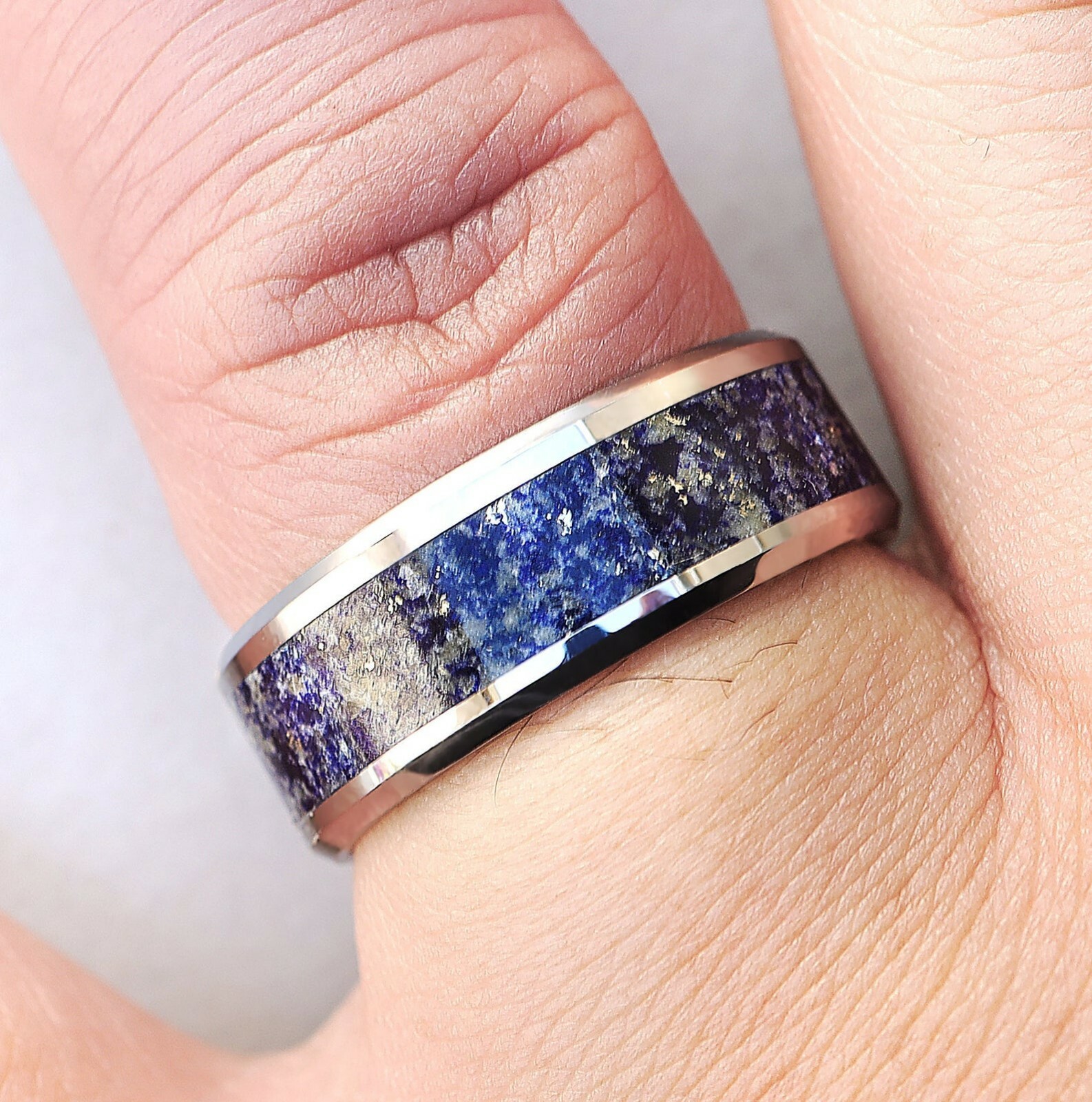 Mens Lapis Ring, Blue Lapis Band, Lapis Lazuli Inlay Ring Lapis Lazuli Inlay 8mm
