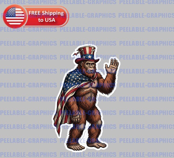 Bigfoot Sasquatch Patriotic Vinyl Decal Sticker 4″ Tall American Flag USA A
