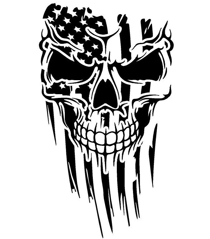 American Flag with Skull Vinyl Decal Multiple Colors and Sizes (Distressed)