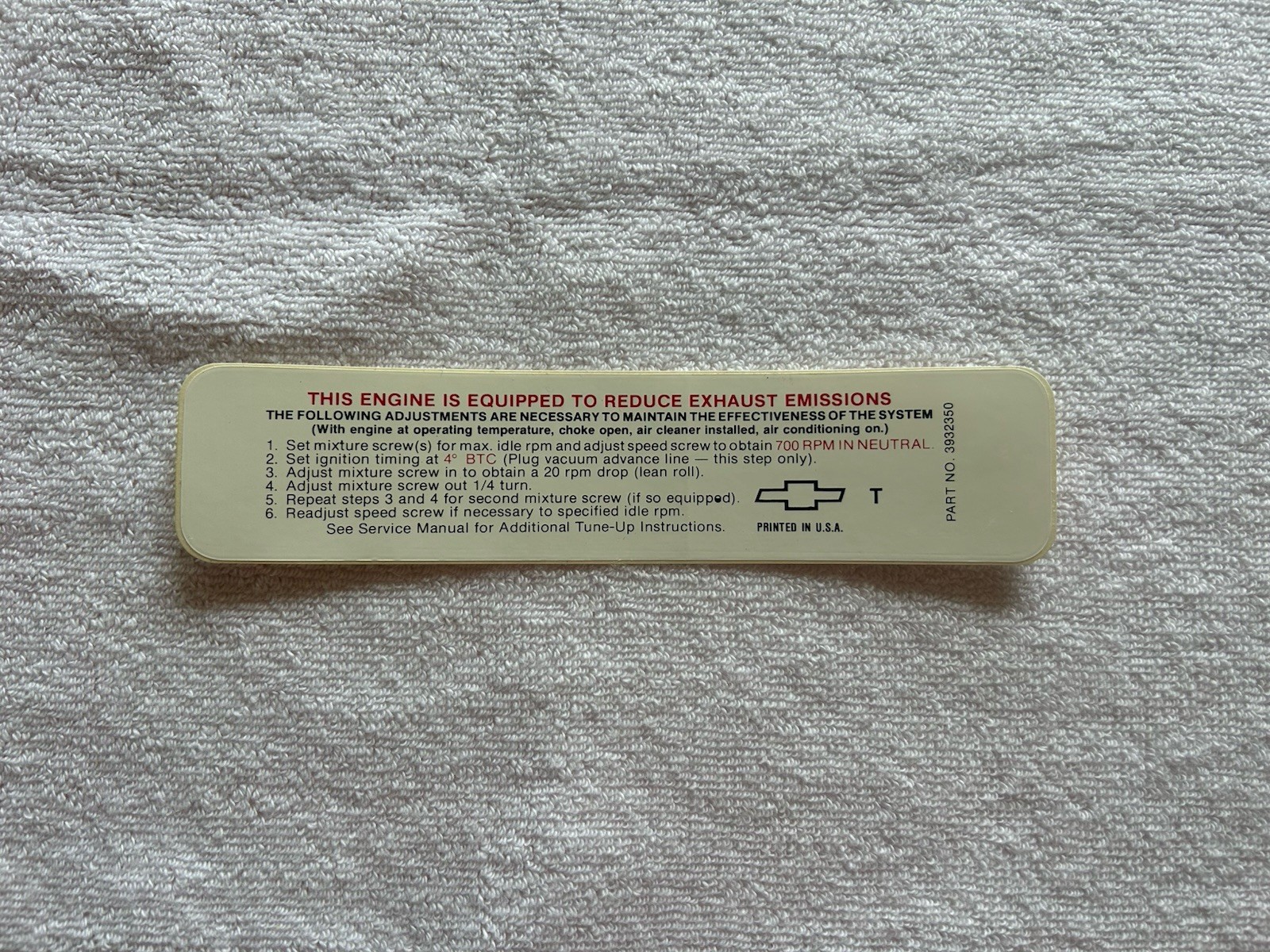 Chevrolet Corvette 1968 Emissions Decal GM Part 3927738 327/300 Horsepower Manua