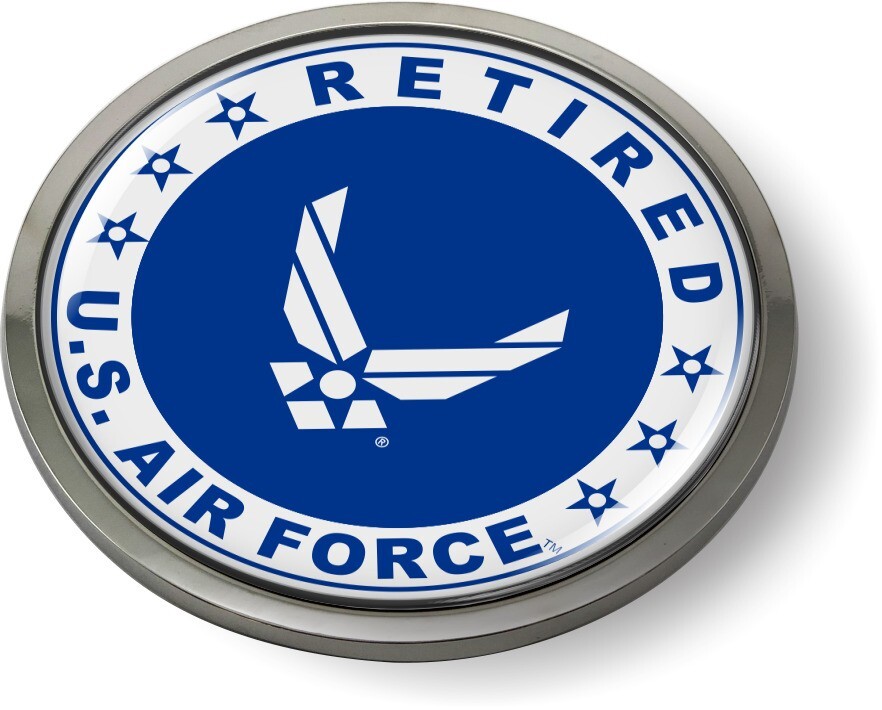 Emblem Car Sticker Chrome ROUND Bezel – US Air Force Retired & USAF White Wings
