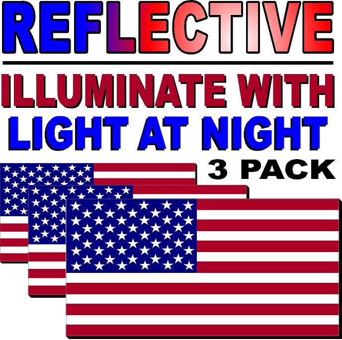 3-PACK of REFLECTIVE American Flags USA 3M Decals/Stickers Military-Marines-Army