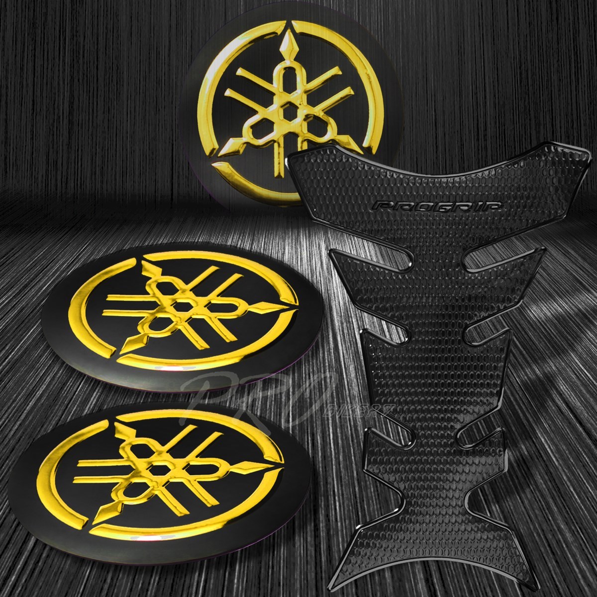 Perforated Black Pro Fuel Tank Pad+2″ Chrome Gold Yamaha Logo Emblem Sticker Kit
