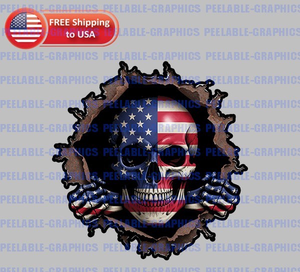 American Skull Peeking Metal Effect Vinyl Decal Sticker USA America