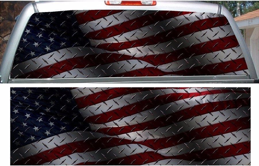 American flag diamond plate dark rear window view thru graphic decal wrap