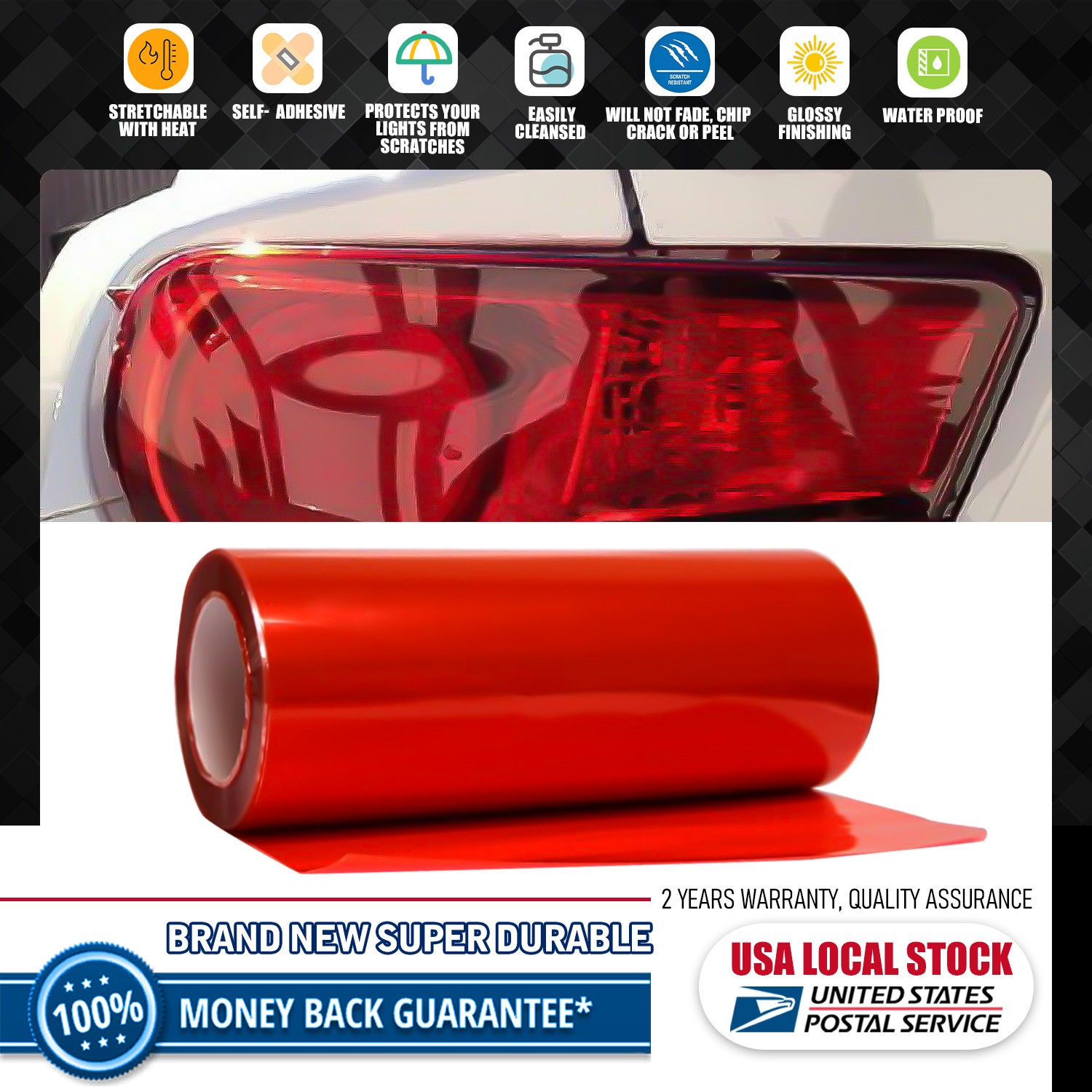 Universal Gloss Red 12″x71″ Vinyl Film Tint Headlight Taillight Wrap Cover New
