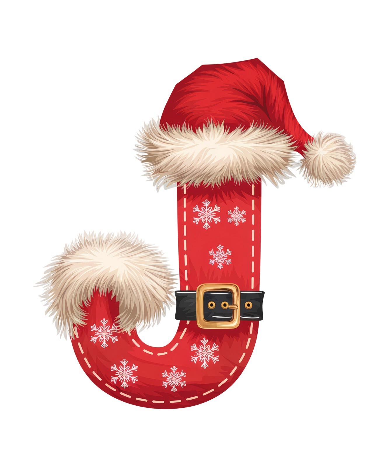 Initial Sticker (3 Inch) Letter J Christmas Holiday Santa Hat Belt Snow Flake !