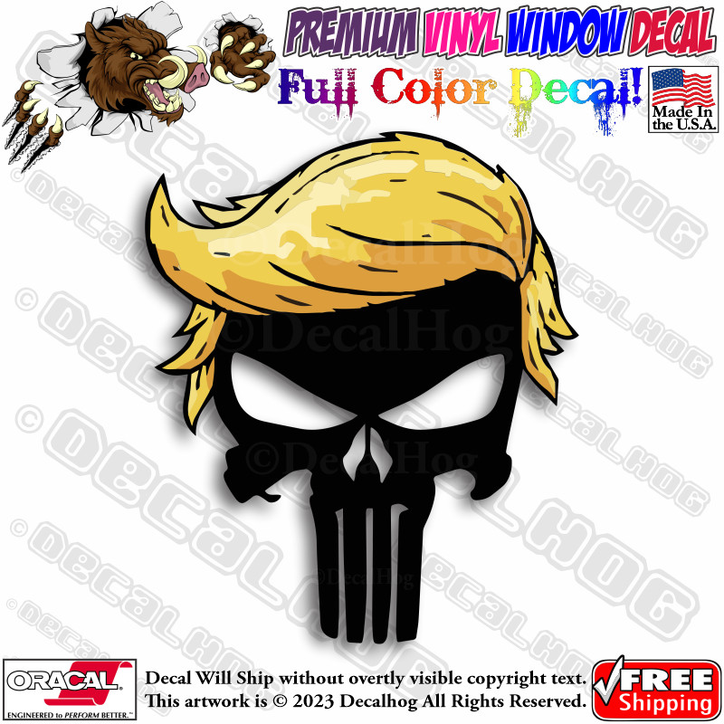 Donald Trump Punisher Hair Full Color Car Truck Window Vinyl Decal Sticker.