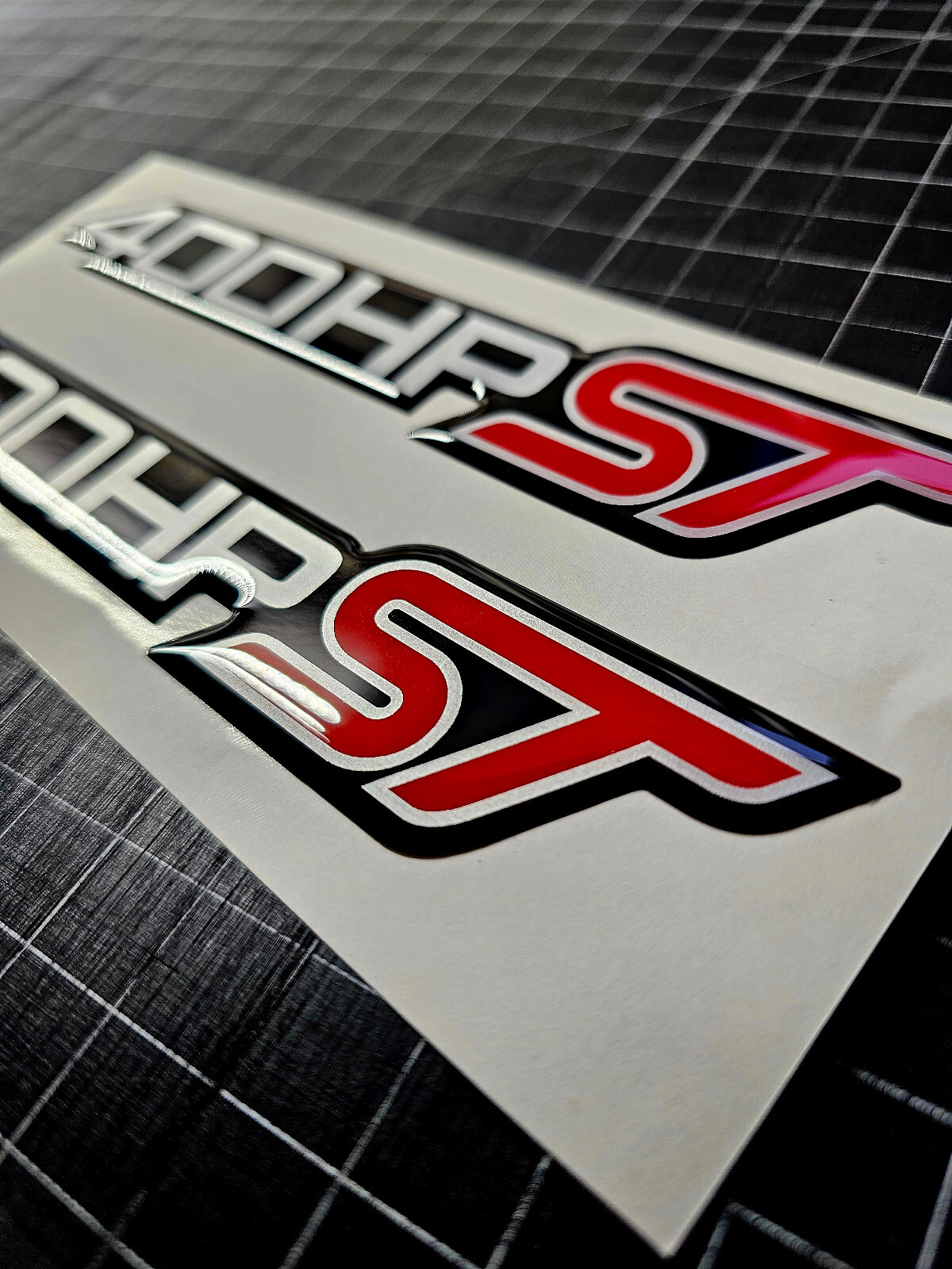 (2) Gel-coated badges Ford Explorer ST 400hp Ecoboost Silver/red black