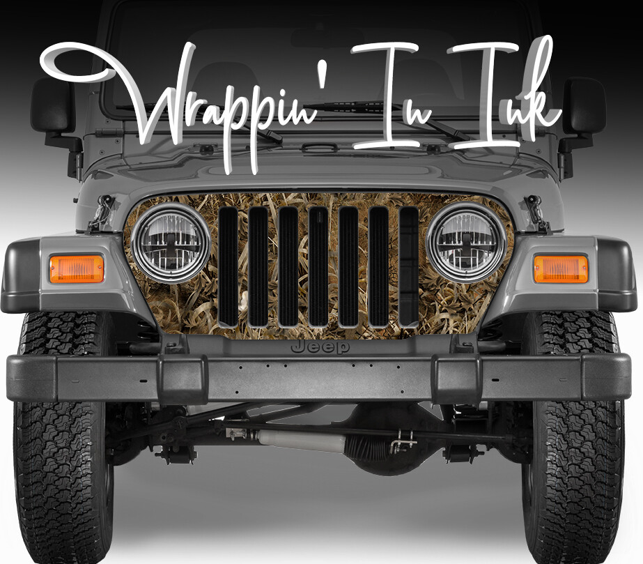 Grill Wrap in Forest Camo Brown Grassland Camouflage for Jeep Wrangler 1997-2006