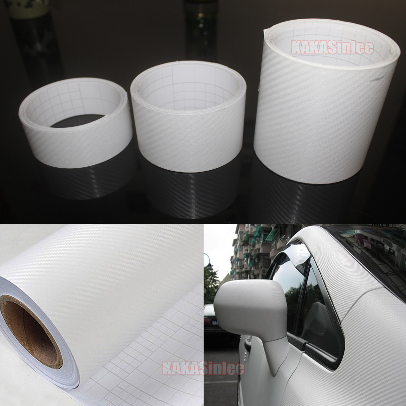 3D White Sheet Car PVC Grain Carbon Fiber Vinyl Tape Wrap Sticker Decors Strips