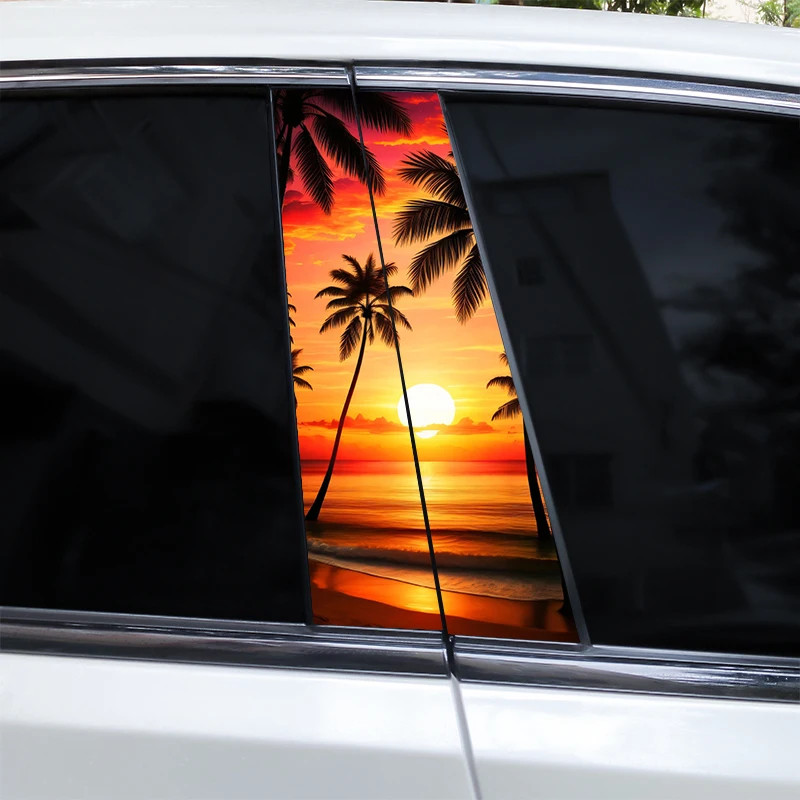 2pcs Sunset And Long Song Car Door Pillar PVC B-Pillar Interesting Stickers