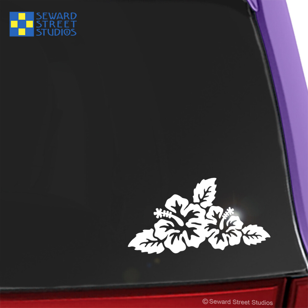 Hibiscus Car Window Vinyl Decal, Tropical Island Flower Sticker #1181