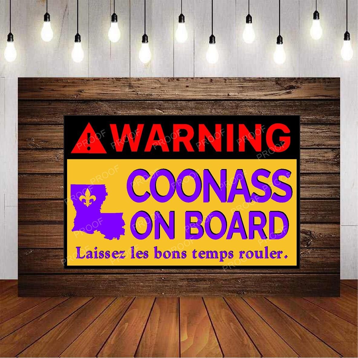 WARNING COONASS ON BOARD Mardi Gras Cajun Louisiana Decal Sticker 4″H X 6″W