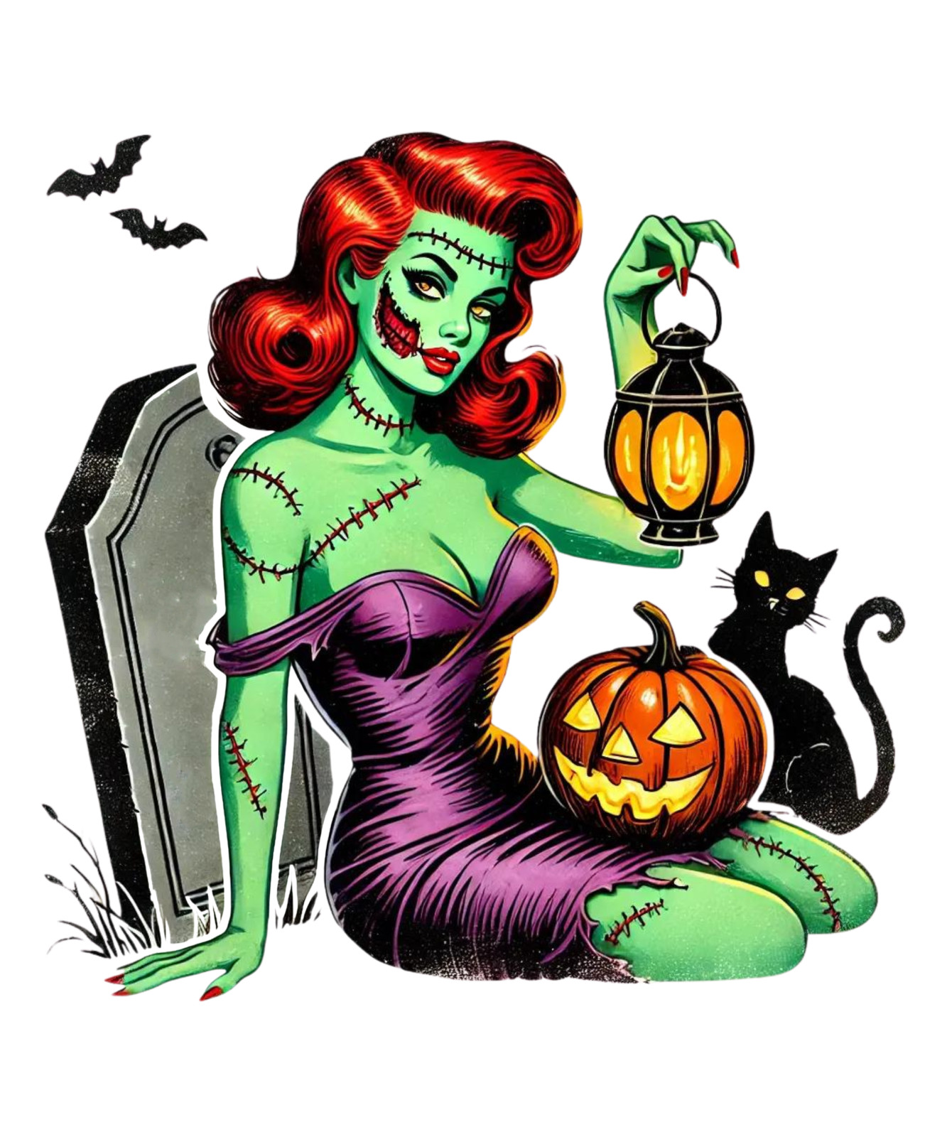 Halloween Pin Up Girl Sticker 4″ Zombie Undead Pumpkin Cat Sexy Spooky Costume