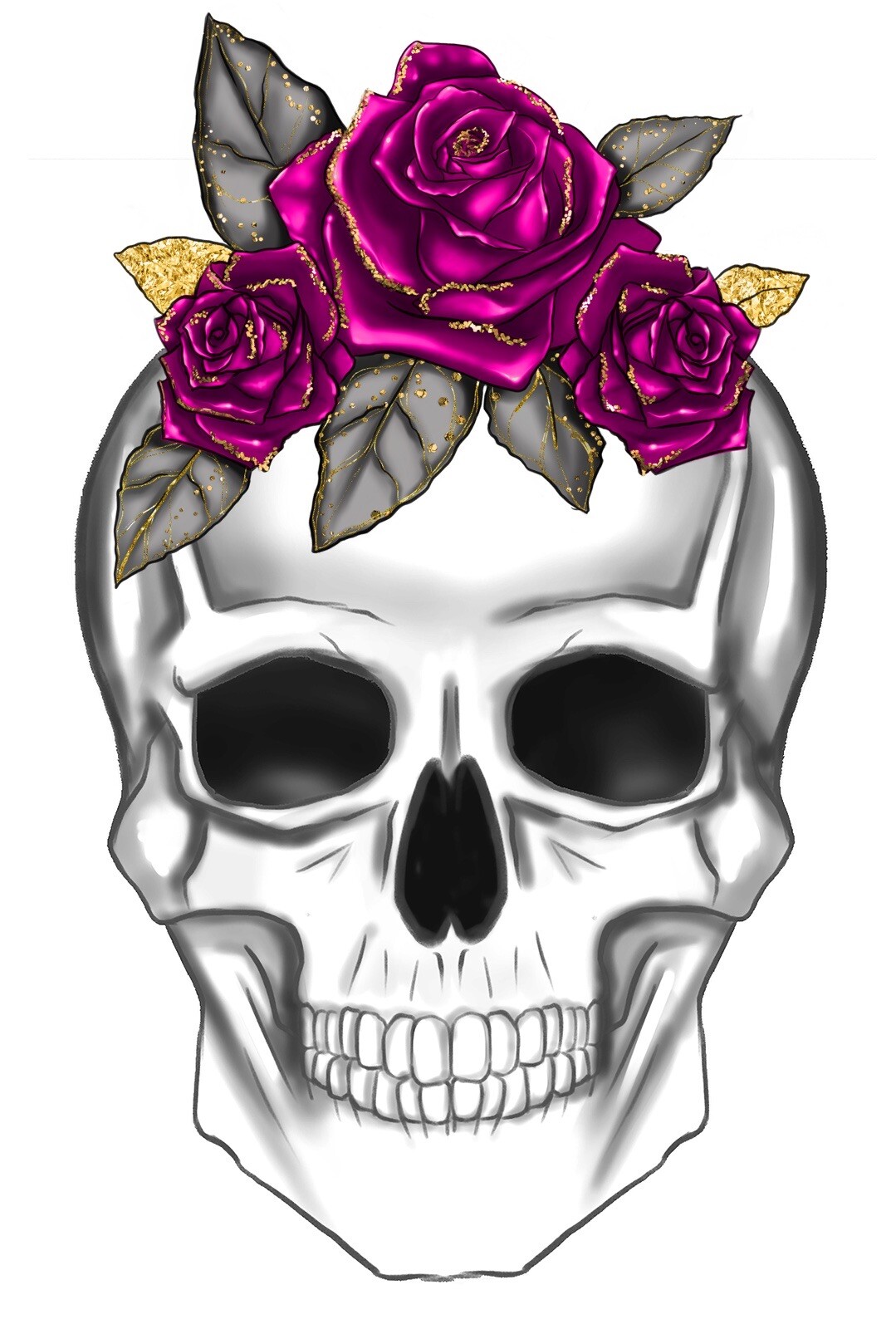 4” Skull Sticker Pink Roses Goth Skeleton Dead Bones