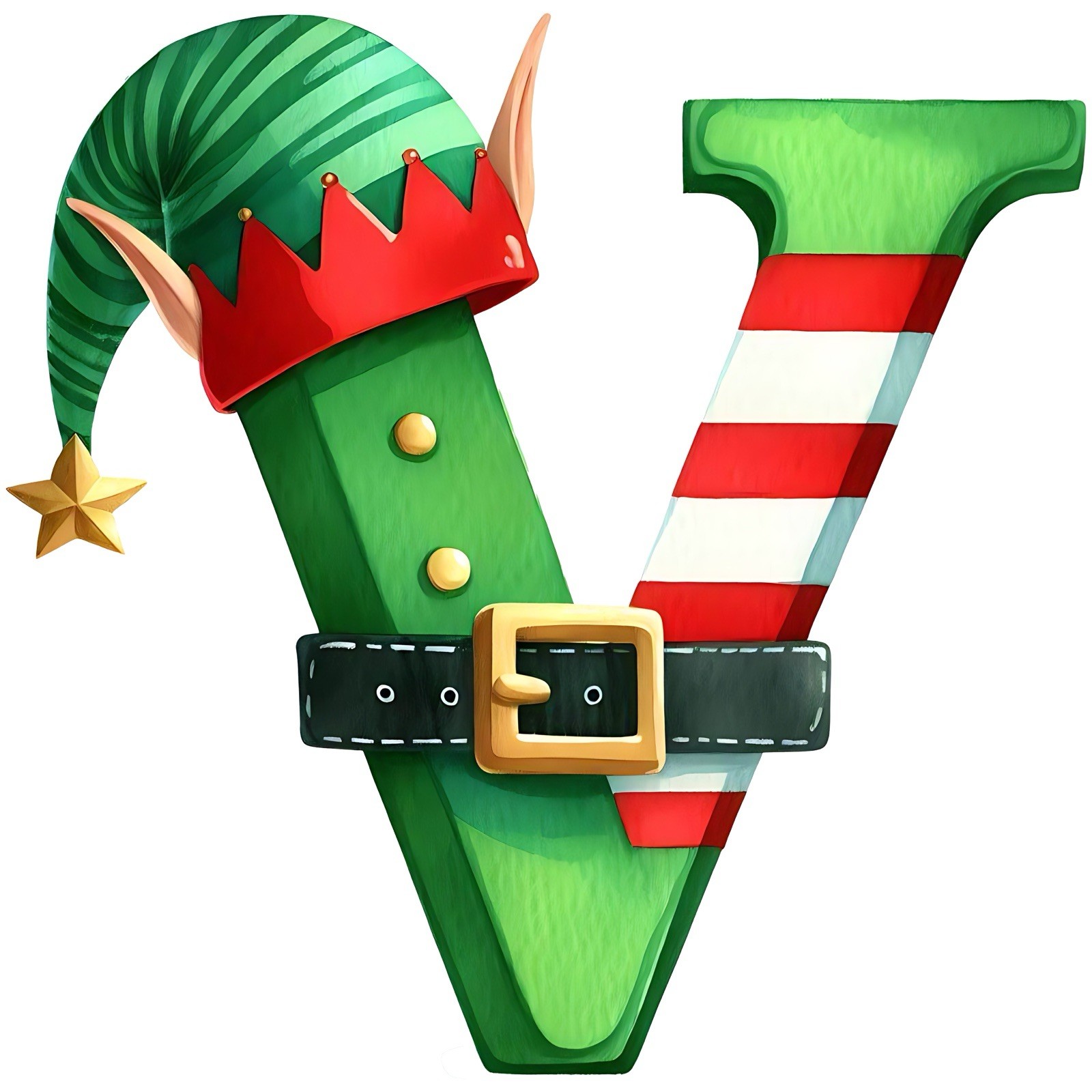 Initial Sticker (3 Inch) Letter V Christmas Holiday Elf Hat Belt Snow Flake !