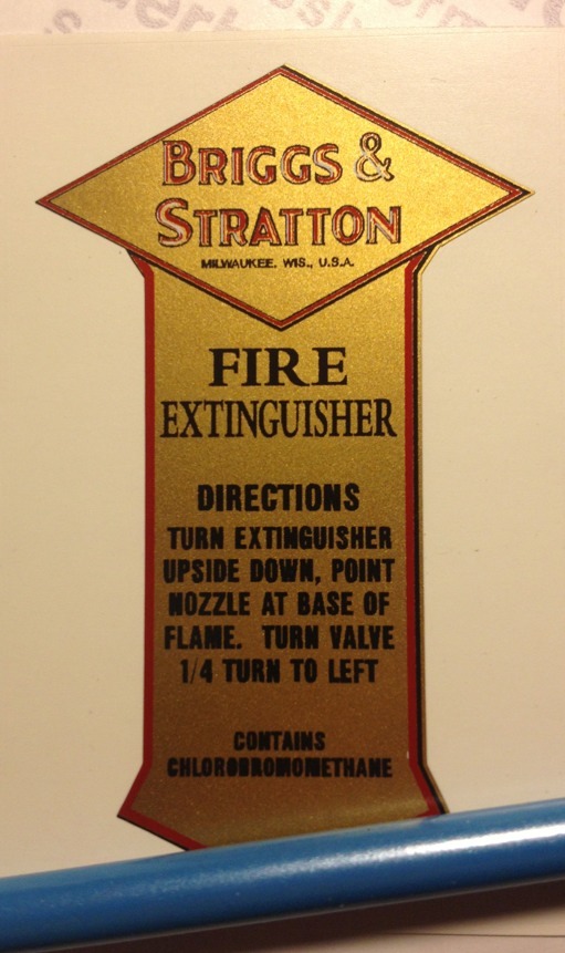 Briggs & Stratton engine decal for small Presto Fire Extinguisher Qty 1