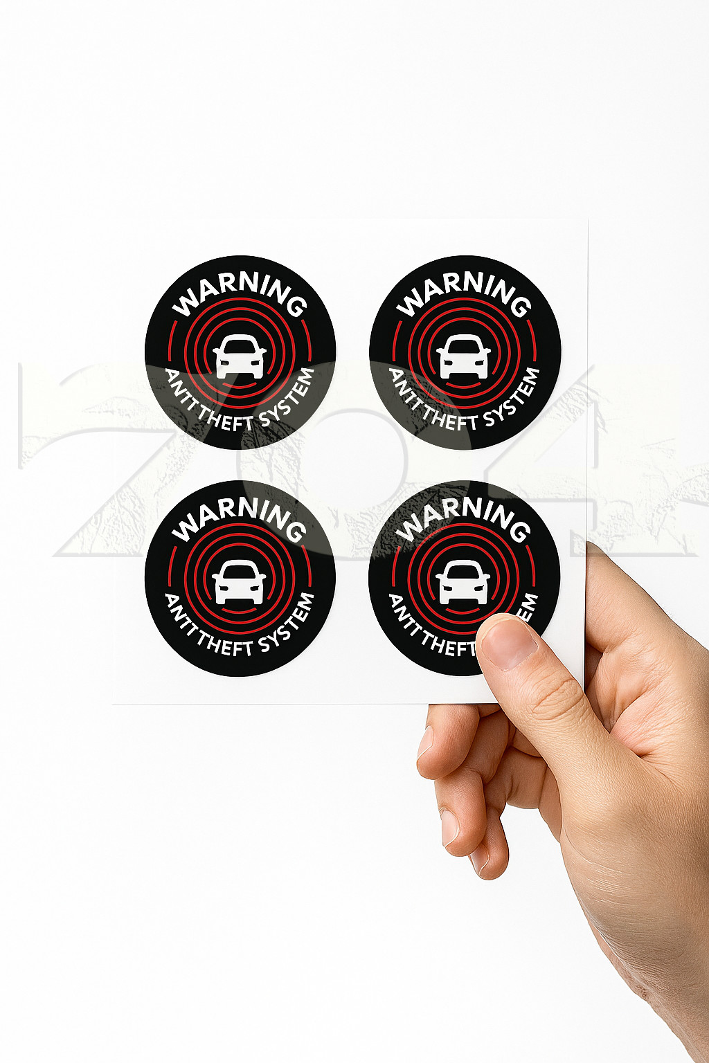 4 Car Alarm DECALS Security System Window STICKERS, black background, outside